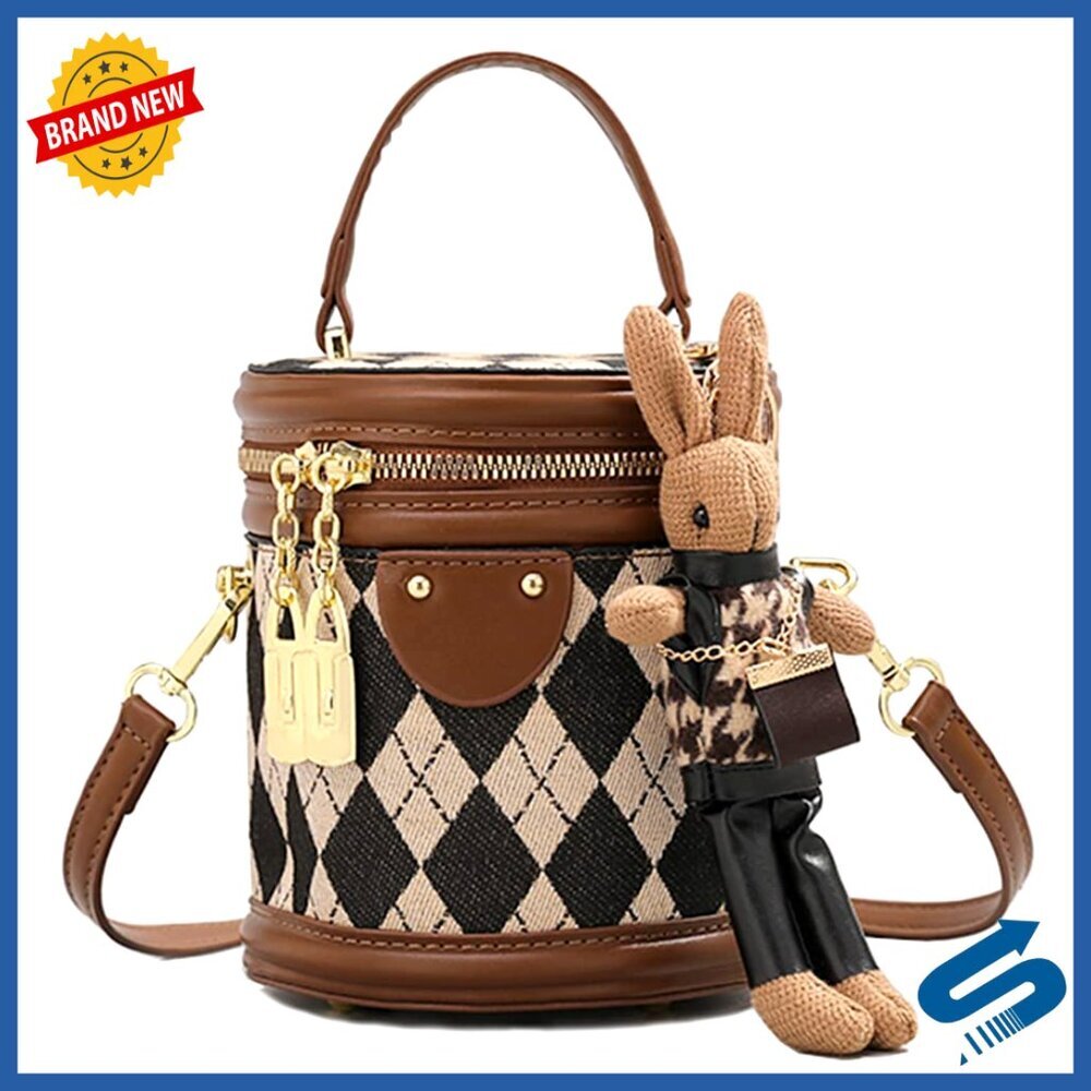 Small Quilted Faux Leather Satchel Crossbody Bag with Bunny Pendant